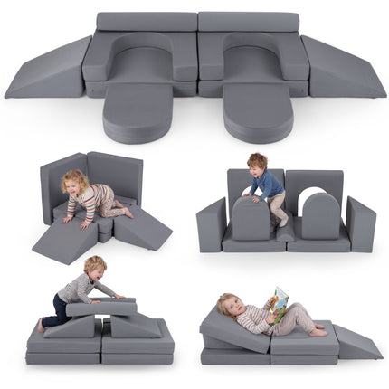 Modular Kids Play Couch, 10-Piece Foam Set, Grey