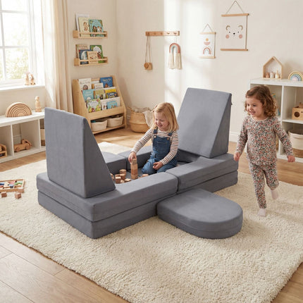 Modular Kids Play Couch, 10-Piece Foam Set, Grey