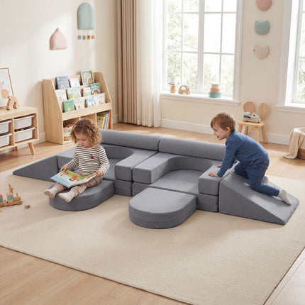 Modular Kids Play Couch, 10-Piece Foam Set, Grey