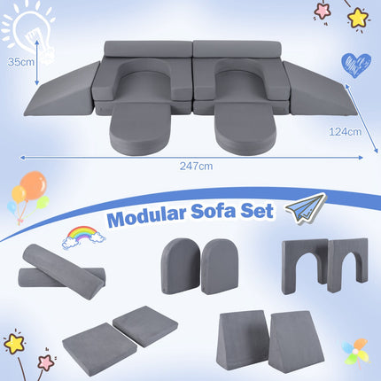 Modular Kids Play Couch, 10-Piece Foam Set, Grey