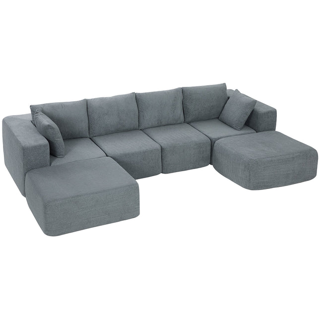 Modulaire U-vormige bank met diepe zitvlakken, 2 voetenbankjes, donkergrijs