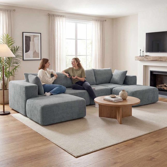 Modulaire U-vormige bank met diepe zitvlakken, 2 voetenbankjes, donkergrijs