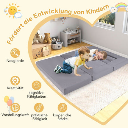 Modular children's sofa 9-piece play sofa made of foam building blocks with comfortable suede fabric gray