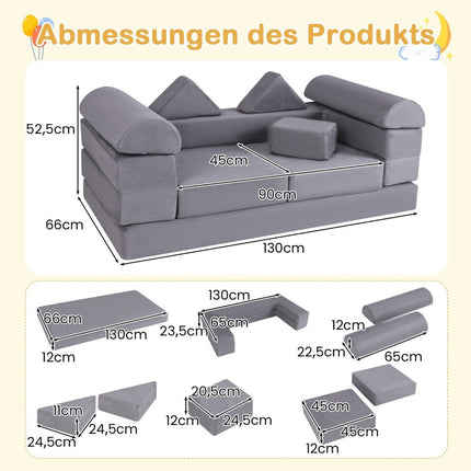 Modular children's sofa 9-piece play sofa made of foam building blocks with comfortable suede fabric gray