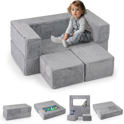 Modular children's sofa play sofa made of foam with removable plush cover gray