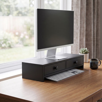 Monitor Riser with 2 Drawers, Black MDF, 47 cm