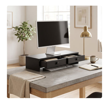 Monitor Riser with 2 Drawers, Black MDF, 47 cm