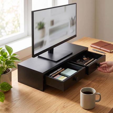 Monitor Riser with 2 Drawers, Black MDF, 47 cm