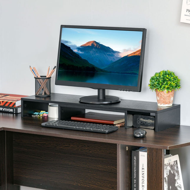 Adjustable stand with double monitors, wooden shelf, 80-117cm