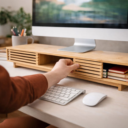 Monitor Stand with 3 Compartments, Bamboo Finish
