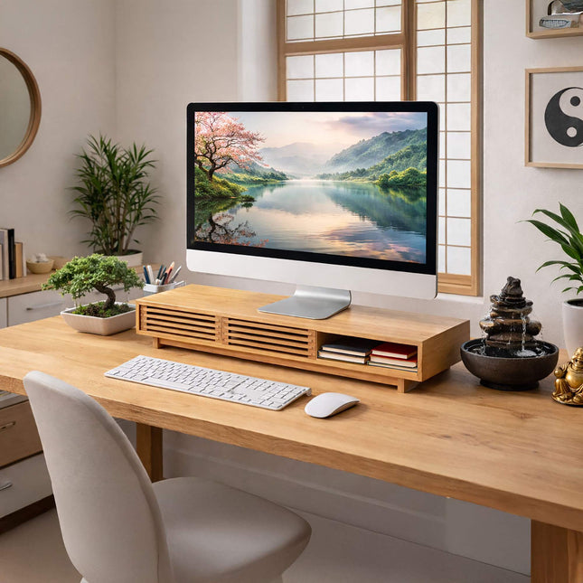 Monitor Stand with 3 Compartments, Bamboo Finish