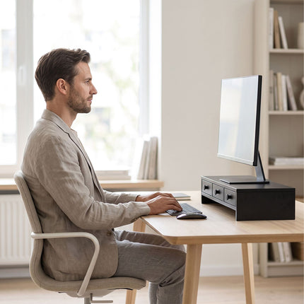 Monitor Stand with 3 Drawers – Black MDF, 10 kg Capacity