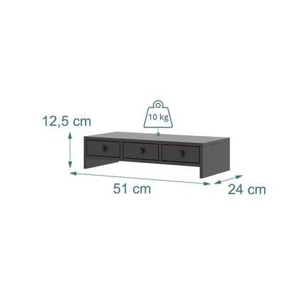 Monitor Stand with 3 Drawers – Black MDF, 10 kg Capacity