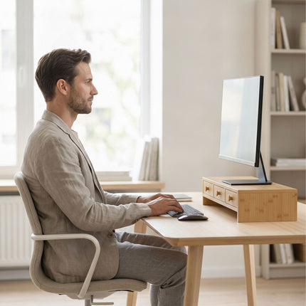 Monitor Stand with 3 Drawers, Wood Look, MDF