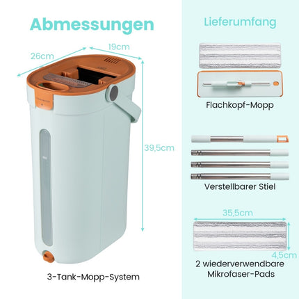 Mop and Bucket System with 3-Chamber Design, 2.4L, Green