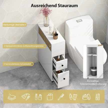 Movable bathroom cabinet with 2 pull-out drawers & brush holder for small spaces white