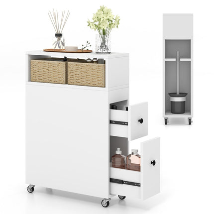 Movable bathroom cabinet with 2 pull-out drawers & brush holder for small spaces white