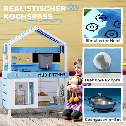Mud Kitchen Kinderspeelkeuken voor buiten in de tuin van hout met fornuis, gootsteen, kraan, opbergplanken, kookgerei, accessoires, speelkeuken voor kinderen van 3-7 jaar blauw Aosoom