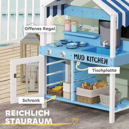 Mud Kitchen Kinderspeelkeuken voor buiten in de tuin van hout met fornuis, gootsteen, kraan, opbergplanken, kookgerei, accessoires, speelkeuken voor kinderen van 3-7 jaar blauw Aosoom