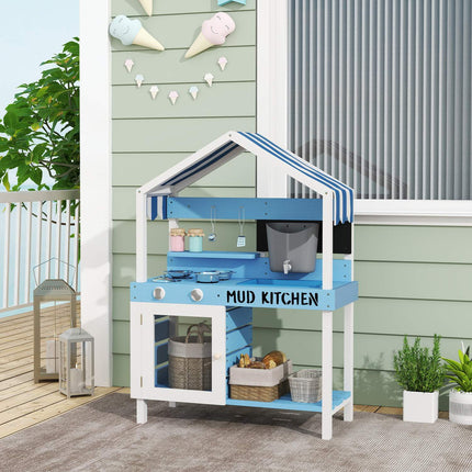 Mud Kitchen Kinderspeelkeuken voor buiten in de tuin van hout met fornuis, gootsteen, kraan, opbergplanken, kookgerei, accessoires, speelkeuken voor kinderen van 3-7 jaar blauw Aosoom