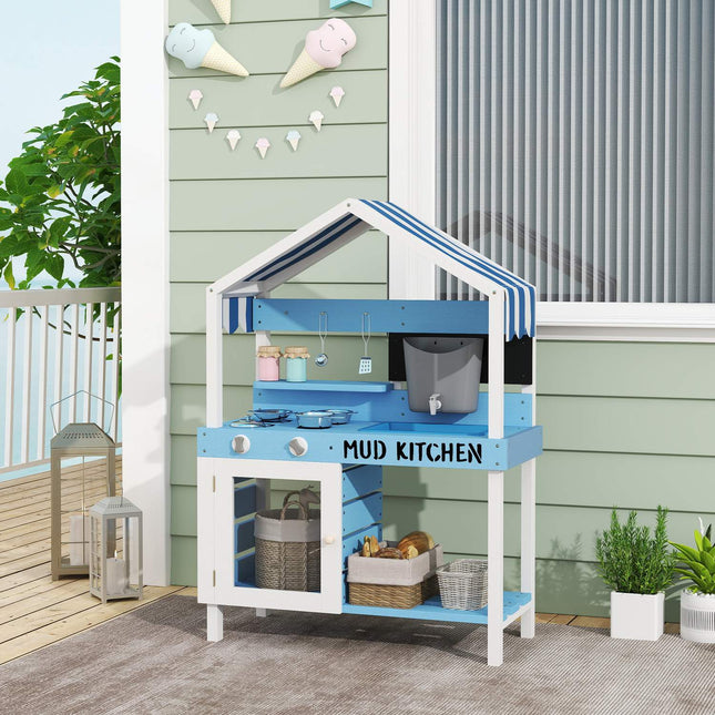 Children's clay kitchen in wood with stove, sink and shelves