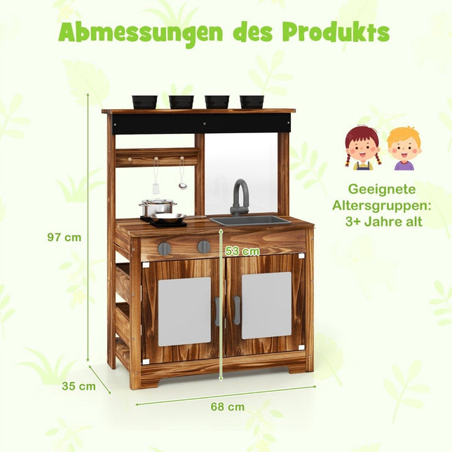 Mud kitchen children outdoor children's kitchen fir wood with 4 cooking pots brown