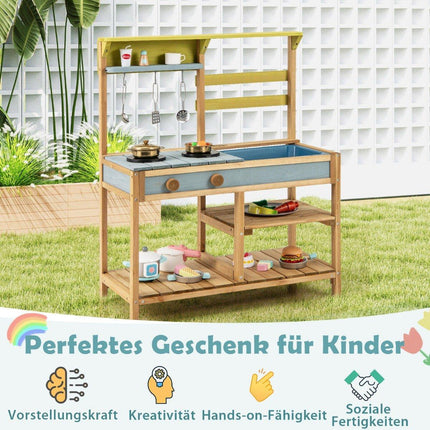 Mud kitchen children's play kitchen made of spruce wood with stove knobs &amp; Natural sink
