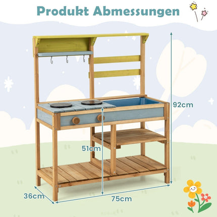 Mud kitchen children's play kitchen made of spruce wood with stove knobs &amp; Natural sink