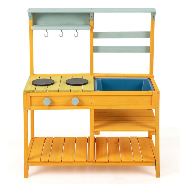 Mud kitchen children's play kitchen made of spruce wood with stove knobs &amp; Sink yellow