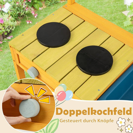 Mud kitchen children's play kitchen made of spruce wood with stove knobs &amp; Sink yellow
