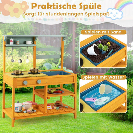 Mud kitchen children's play kitchen made of spruce wood with stove knobs &amp; Sink yellow