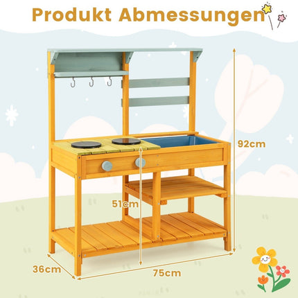Mud kitchen children's play kitchen made of spruce wood with stove knobs &amp; Sink yellow