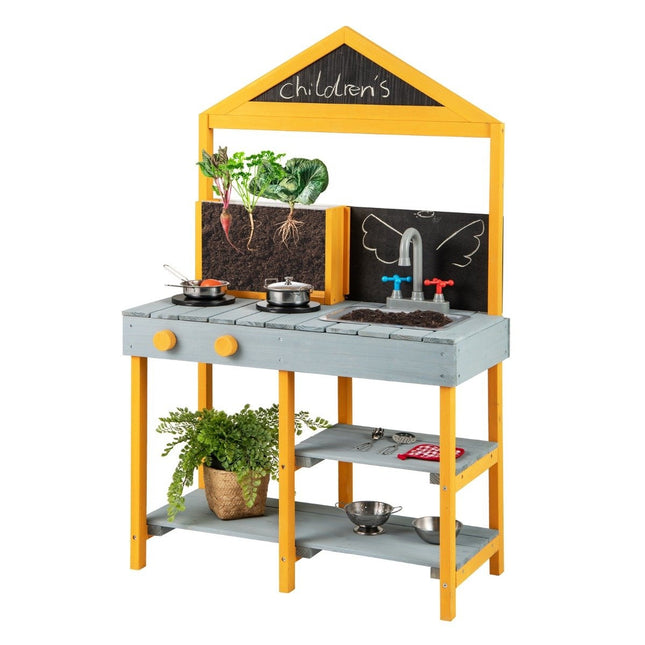 Mud kitchen for children, outdoor children's kitchen made of fir wood with planter, 2 chalkboards, and a blue faucet.