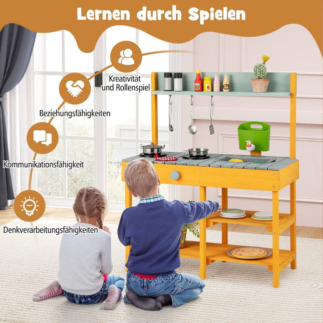 Mud kitchen for children, outdoor children's kitchen made of wood with water function, play kitchen with hooks and removable shelf, orange