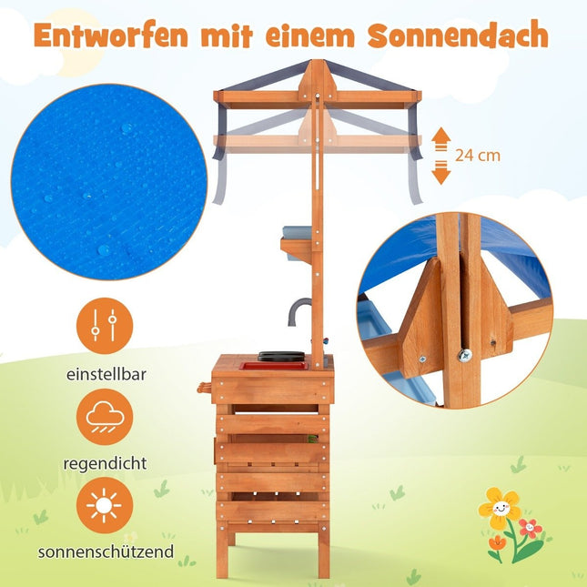Mud kitchen for kids children's kitchen wood with height-adjustable sun canopy 77 x 52 x 135 cm