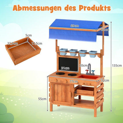 Mud kitchen for kids children's kitchen wood with height-adjustable sun canopy 77 x 52 x 135 cm