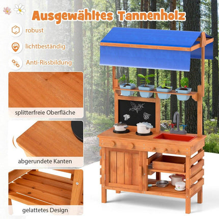 Mud kitchen for kids children's kitchen wood with height-adjustable sun canopy 77 x 52 x 135 cm