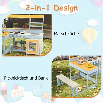 Mud kitchen with picnic table & bench Children's kitchen Fir wood with dessert accessories Kitchenware Gray