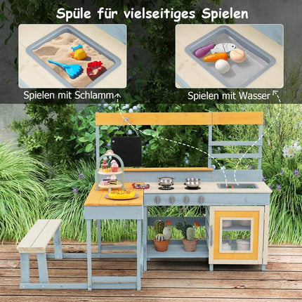 Mud kitchen with picnic table & bench Children's kitchen Fir wood with dessert accessories Kitchenware Gray