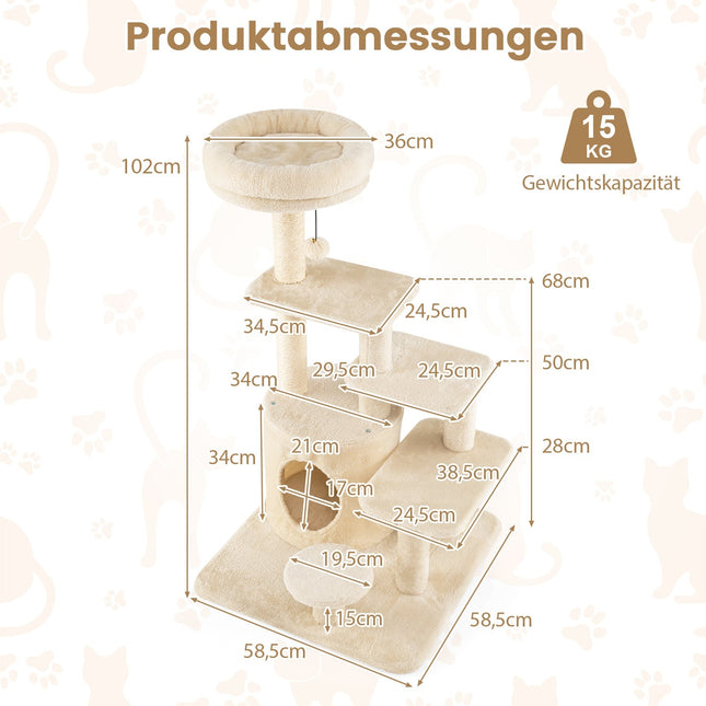 Multi-Level Cat Tree with Cave, Sisal Posts, 102cm
