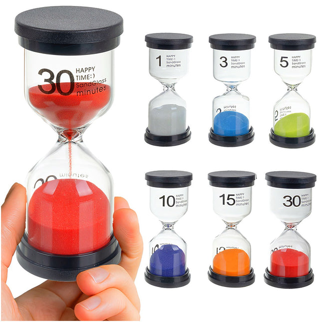Multicolor zandloperset, 6 stuks, timers van 1-30 min.