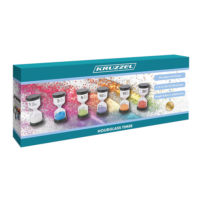 Multicolor zandloperset, 6 stuks, timers van 1-30 min.