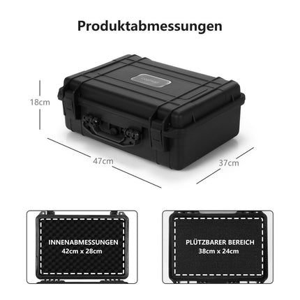 Multi-purpose carrying case with foam insert, waterproof camera case, lockable, black