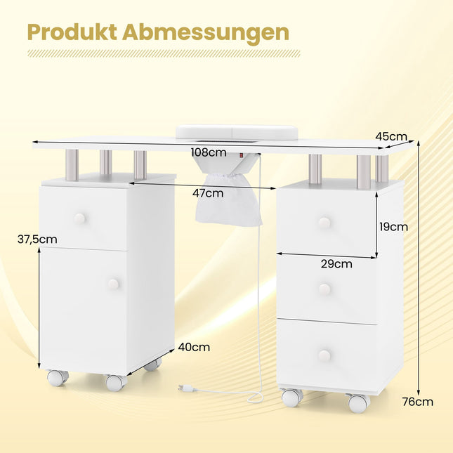 Nail Table with Electric Dust Collector & Storage, White