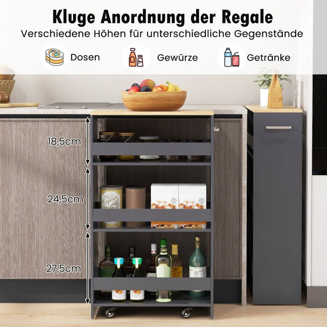 Narrow 4-Tier Kitchen Trolley, 20cm Wide, Grey, on Wheels