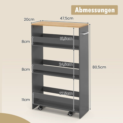 Narrow 4-Tier Kitchen Trolley, 20cm Wide, Grey, on Wheels