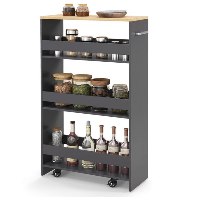 Narrow 4-Tier Kitchen Trolley, 20cm Wide, Grey, on Wheels