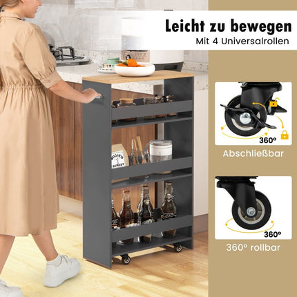 Narrow 4-Tier Kitchen Trolley, 20cm Wide, Grey, on Wheels