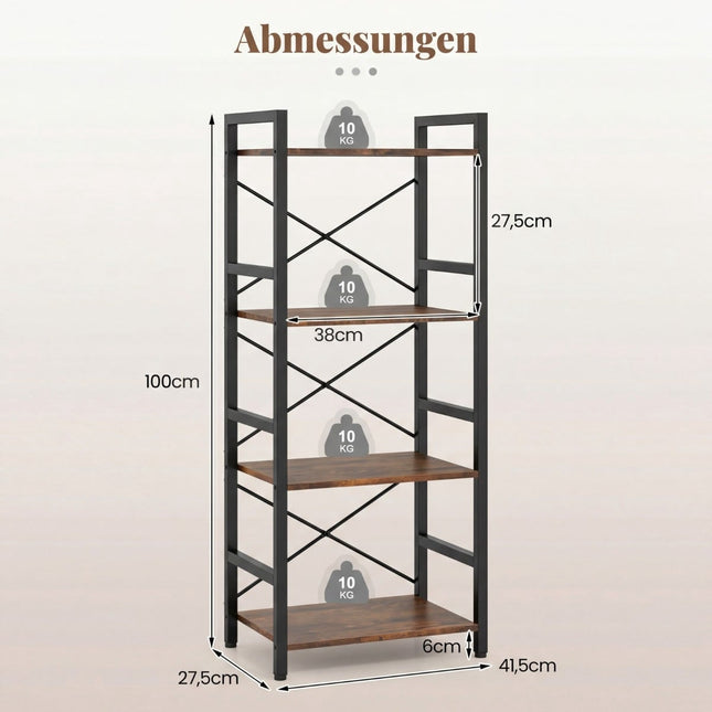 Narrow 4-Tier Metal Bookshelf, Rustic Brown, 41.5x27.5x100 cm