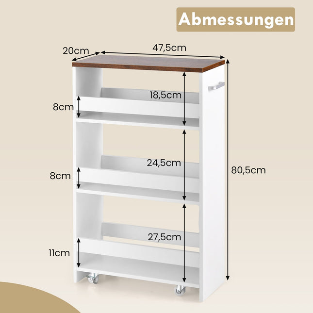 Narrow 4-Tier Rolling Kitchen Cart, 20 cm Wide, White